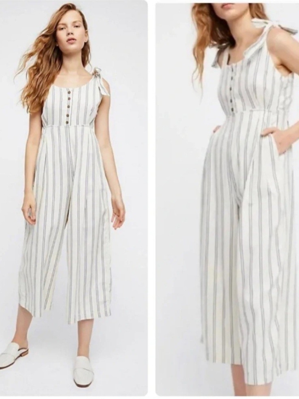Free People Striped Tie Strap Cropped Wide Leg Jumpsuit Button Front Size 4 Boho